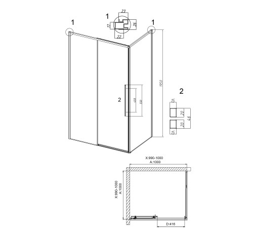 Душевое ограждение Grossman Galaxy 100.K33.01.100.21.00-200.K33.01.100.21.00 (100х100х195) раздвижная,черный матовый,стекло прозрачное