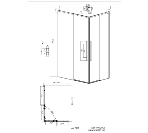 Душевое ограждение Grossman Galaxy 1/2.K33.01.70.21.02-1/2.K33.01.10L.21.02 (70х100х195) раздвижная,черный матовый,стекло шиншилла