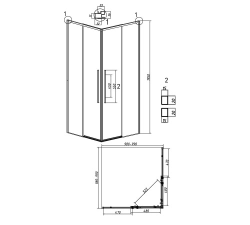 Душевое ограждение Grossman Galaxy 300.K33.01.1010.21.10 (100х100х195) квадрат,раздвижная черный матовый,стекло тонированное