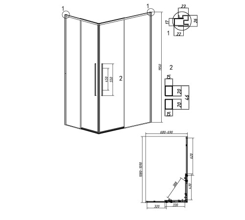Душевое ограждение Grossman Galaxy 1/2.K33.01.11.21.10-1/2.K33.01.70.21.10 (110х70х195) раздвижная,черный матовый,стекло тонированное