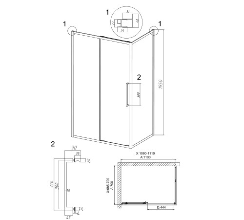 Душевое ограждение Grossman Cosmo 100.K33.02.110.32.00-200.K33.02.70.32.00 (110х70х195) раздвижная,золото сатин,стекло прозрачное