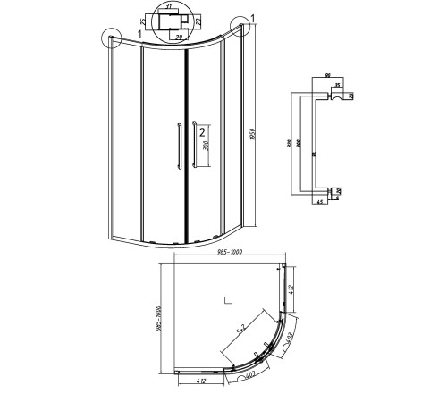 Душевое ограждение Grossman Cosmo 301.K33.02.1010.21.02 (100х100х195) четверть круга,раздвижная,черный матовый,стекло шиншилла
