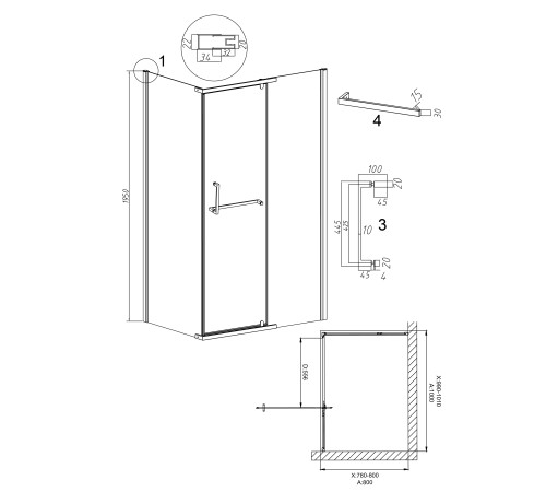 Душевое ограждение Grossman Pragma 100.K33.03.100.21.02-200.K33.03.80.21.02 (100х80х195) распашная(левая),черный матовый,стекло шиншилла