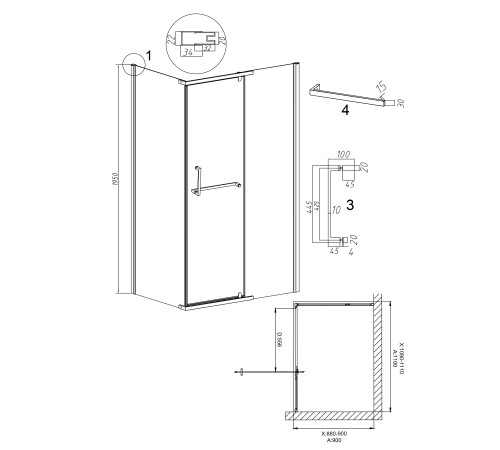 Душевое ограждение Grossman Pragma 100.K33.03.110.32.00-200.K33.03.90.32.00 (110х90х195) распашная,золото сатин,стекло прозрачное
