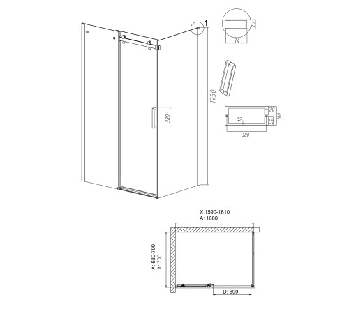 Душевое ограждение Grossman Classic 100.K33.04.160.10.00-200.K33.04.70.10.00 (160х70х195) раздвижная,хром,стекло прозрачное