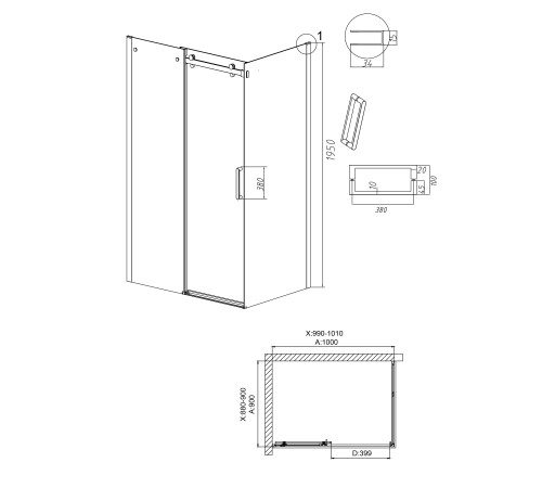 Душевое ограждение Grossman Classic 100.K33.04.100.42.00-200.K33.04.90.42.00 (100х90х195) раздвижная,графит сатин,стекло прозрачное