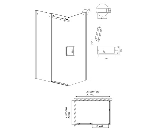 Душевое ограждение Grossman Classic 100.K33.04.160.42.00-200.K33.04.90.42.00 (160х90х195) раздвижная,графит сатин,стекло прозрачное