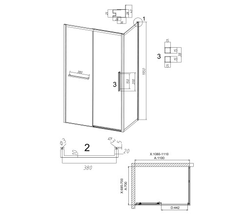 Душевое ограждение Grossman Style 100.K33.05.110.21.02-200.K33.05.70.21.02 (110х70х195) раздвижная(левая),черный матовый,стекло шиншилла