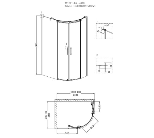 Душевое ограждение Grossman Galaxy GR-4110L (110х80х190) прямоугольник-асимметрия,раздвижная
