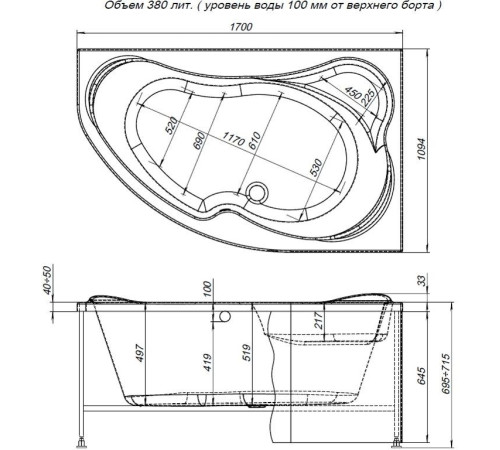 Акриловая ванна Aquanet Capri 170x110 R