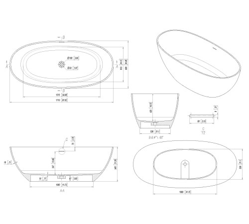 Ванна из искусственного камня Allen Brau Solid Stone Krion Oval 170x80 2.35003.21