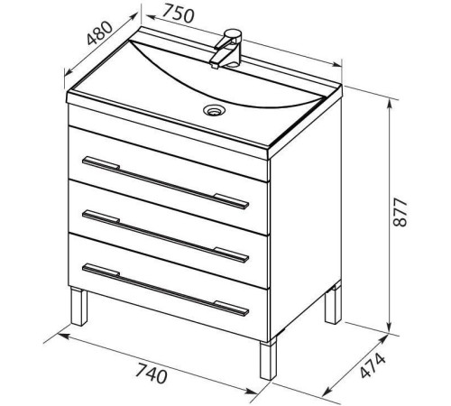 Тумба с раковиной Aquanet Верона 75 белый (напольная 3 ящика)