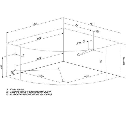 Акриловая ванна Aquanet Santiago 160x160 (с каркасом)