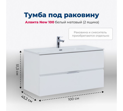 Тумба под раковину Aquanet Алвита New 100 2 ящика, белый матовый